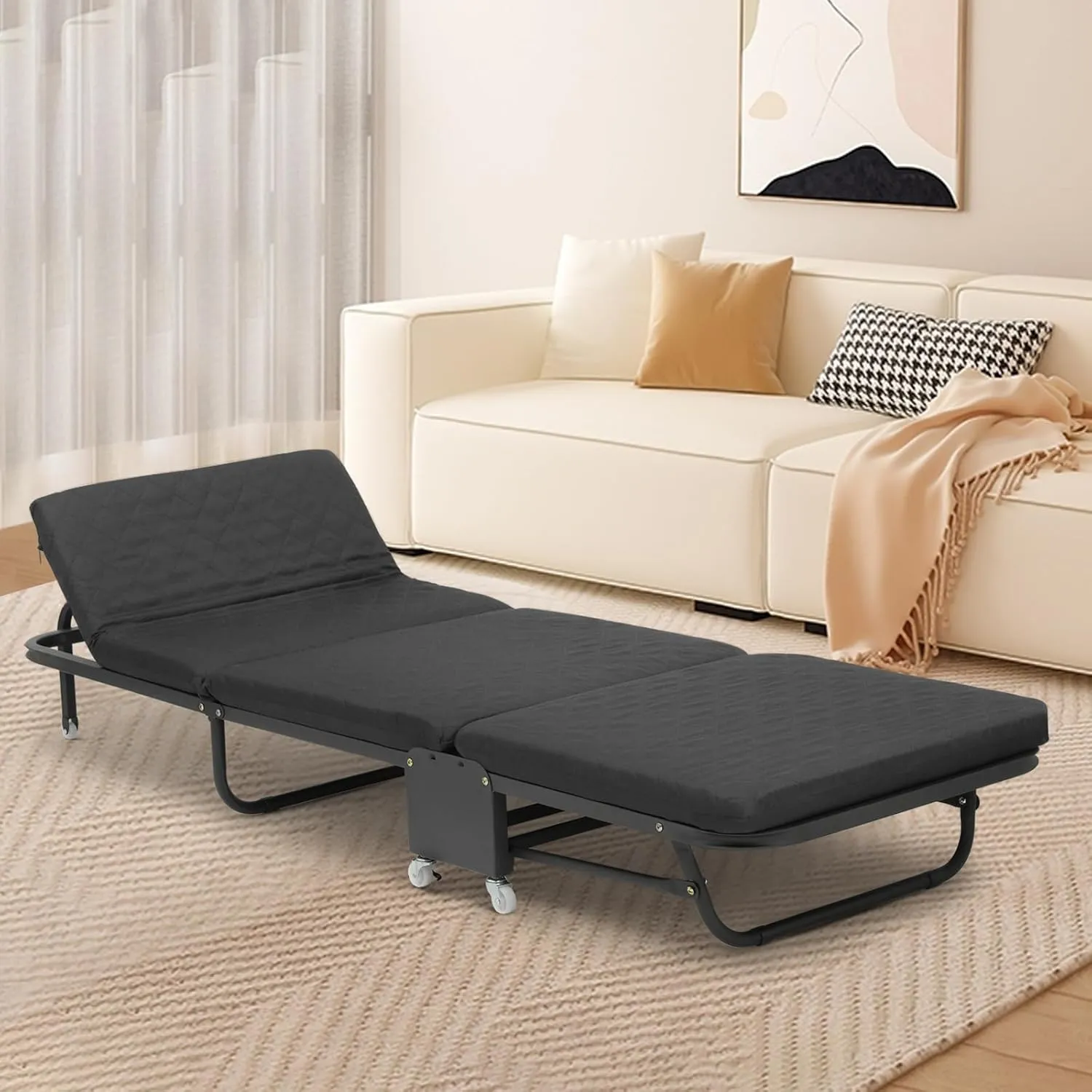 Athena Collection Folding Cot for Adult with Comfortable Mattress, Portable Folding Cot Bed with Wheel for Easy Move Heavy Duty Sleeping Bed Space Saving for Camping Outdoor Support 330lbs Black