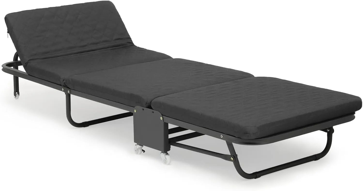 Athena Collection Folding Cot for Adult with Comfortable Mattress, Portable Folding Cot Bed with Wheel for Easy Move Heavy Duty Sleeping Bed Space Saving for Camping Outdoor Support 330lbs Black
