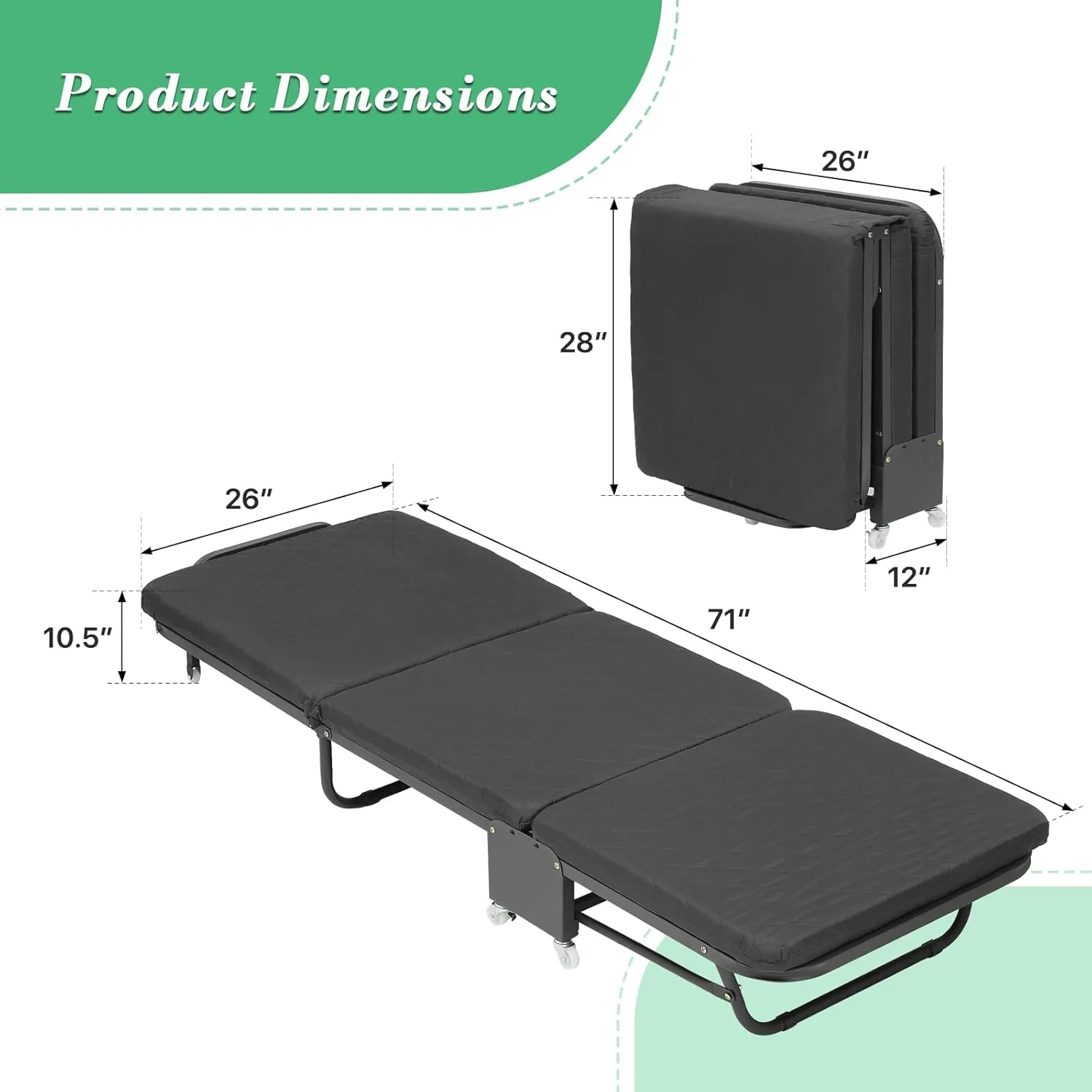 Athena Collection Folding Cot for Adult with Comfortable Mattress, Portable Folding Cot Bed with Wheel for Easy Move Heavy Duty Sleeping Bed Space Saving for Camping Outdoor Support 330lbs Black