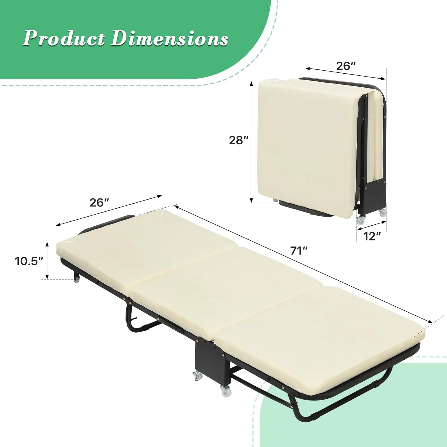 Athena Collection Folding Cot for Adult with Comfortable Mattress, Portable Folding Cot Bed with Wheel for Easy Move Heavy Duty Sleeping Bed Space Saving for Camping Outdoor Support 330lbs White
