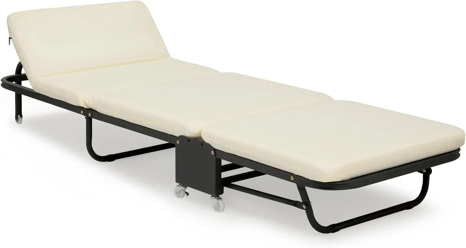 Athena Collection Folding Cot for Adult with Comfortable Mattress, Portable Folding Cot Bed with Wheel for Easy Move Heavy Duty Sleeping Bed Space Saving for Camping Outdoor Support 330lbs White