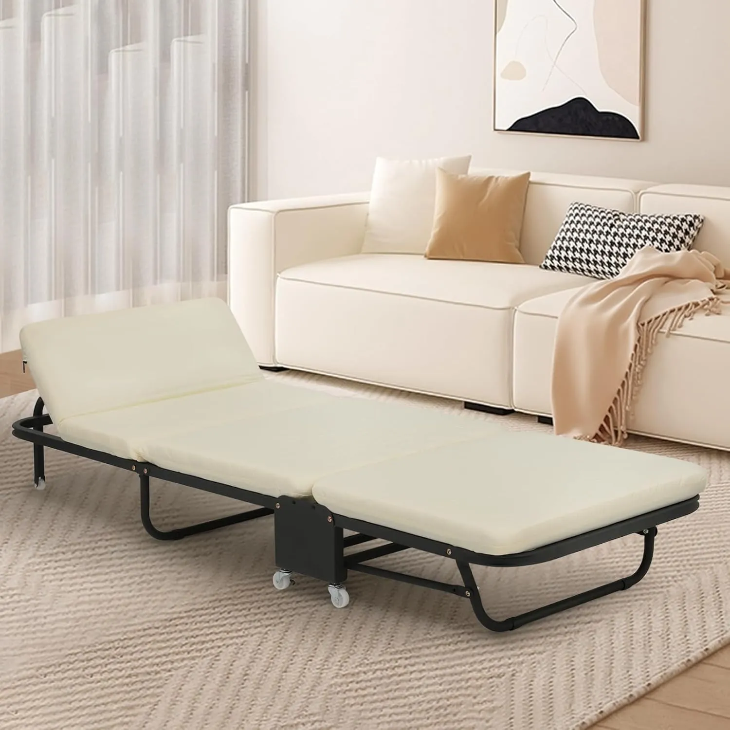 Athena Collection Folding Cot for Adult with Comfortable Mattress, Portable Folding Cot Bed with Wheel for Easy Move Heavy Duty Sleeping Bed Space Saving for Camping Outdoor Support 330lbs White