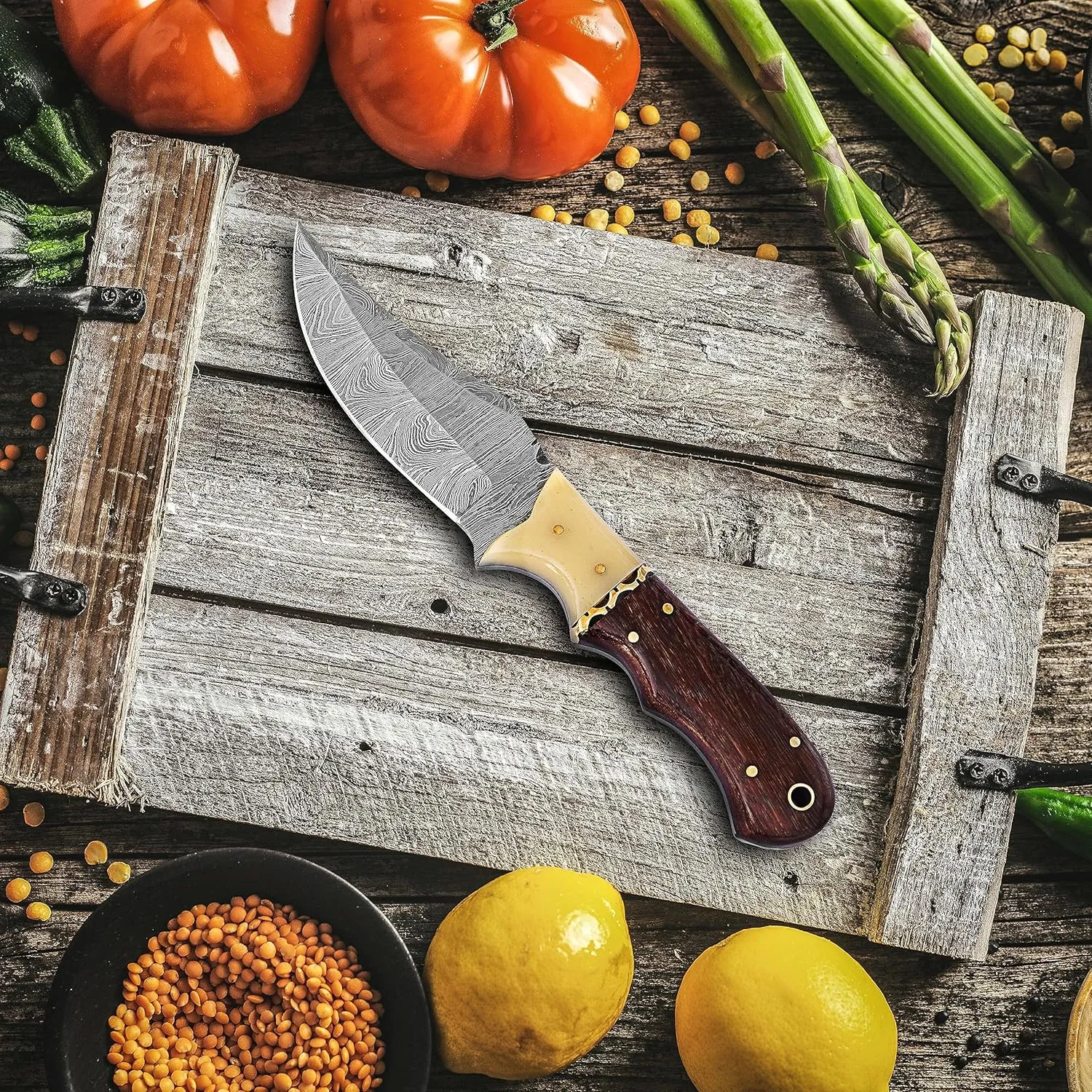 B lack Wolf Knives 8" Fixed Blade EDC Knife with Sheath - Damascus Steel Hunting Knife - Full Tang - Bone and Wood Handle - Leather Sheath