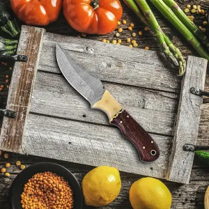 B lack Wolf Knives 8" Fixed Blade EDC Knife with Sheath - Damascus Steel Hunting Knife - Full Tang - Bone and Wood Handle - Leather Sheath