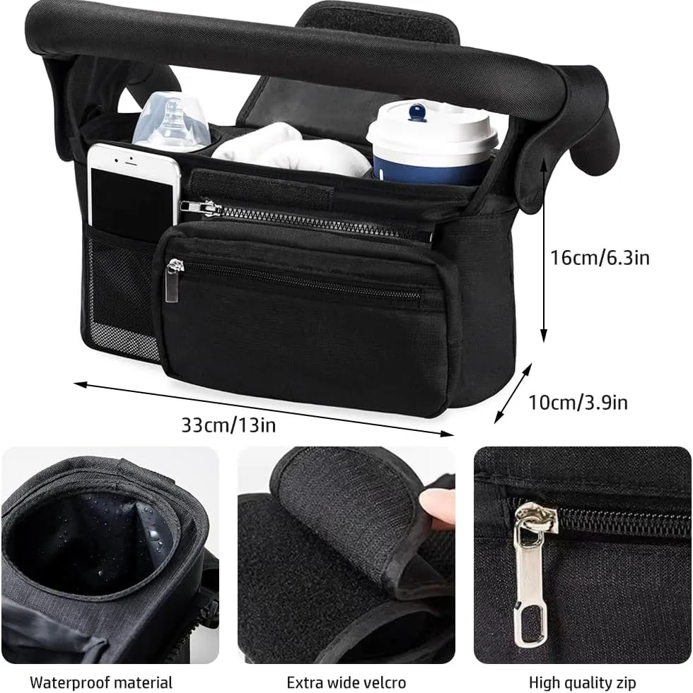 Baby Stroller Organizer, Universal Stroller Organizer with Detachable Phone Bag, Stroller Caddy with 2 Insulated Cup Holders, Buggy Organizer Bag with 2 Hooks Fits Most Strollers (Balck)