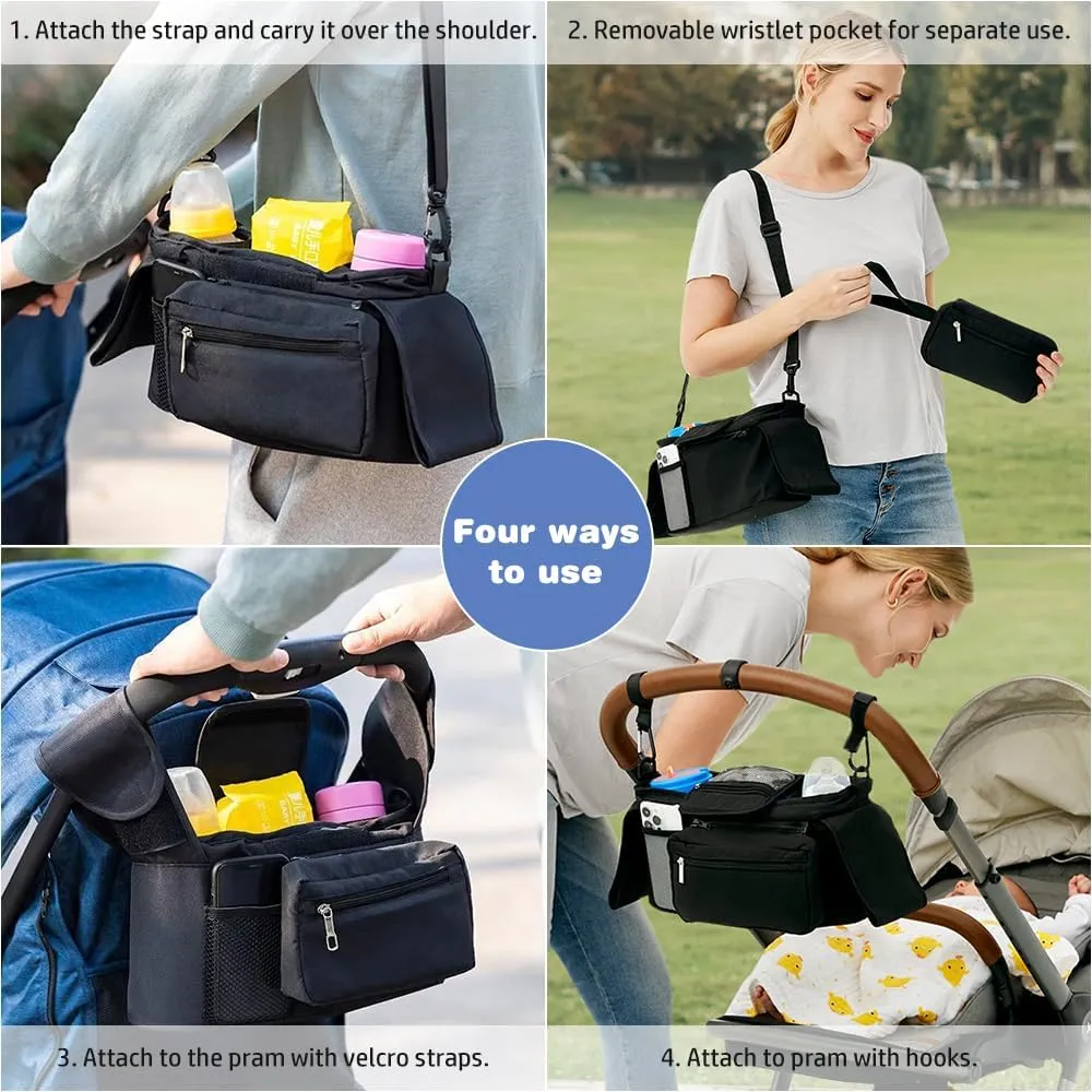 Baby Stroller Organizer, Universal Stroller Organizer with Detachable Phone Bag, Stroller Caddy with 2 Insulated Cup Holders, Buggy Organizer Bag with 2 Hooks Fits Most Strollers (Balck)