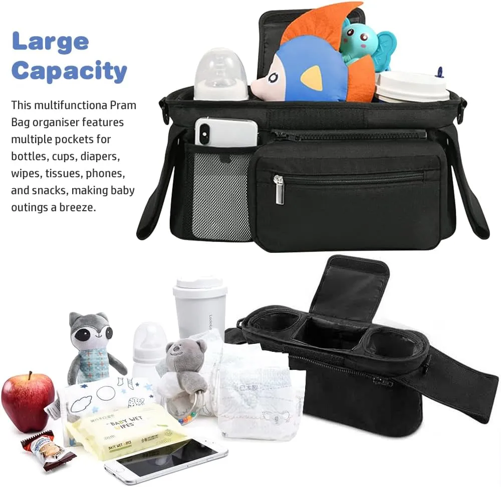 Baby Stroller Organizer, Universal Stroller Organizer with Detachable Phone Bag, Stroller Caddy with 2 Insulated Cup Holders, Buggy Organizer Bag with 2 Hooks Fits Most Strollers (Balck)