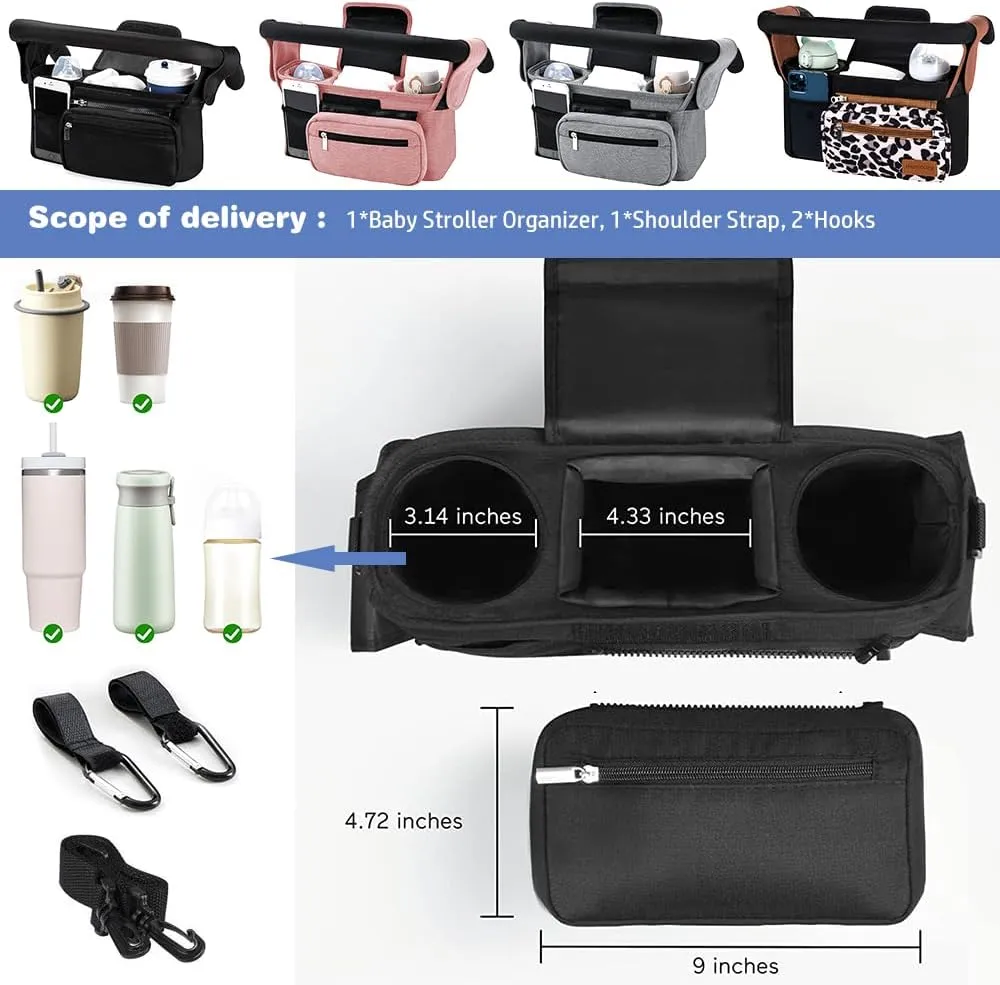 Baby Stroller Organizer, Universal Stroller Organizer with Detachable Phone Bag, Stroller Caddy with 2 Insulated Cup Holders, Buggy Organizer Bag with 2 Hooks Fits Most Strollers (Balck)