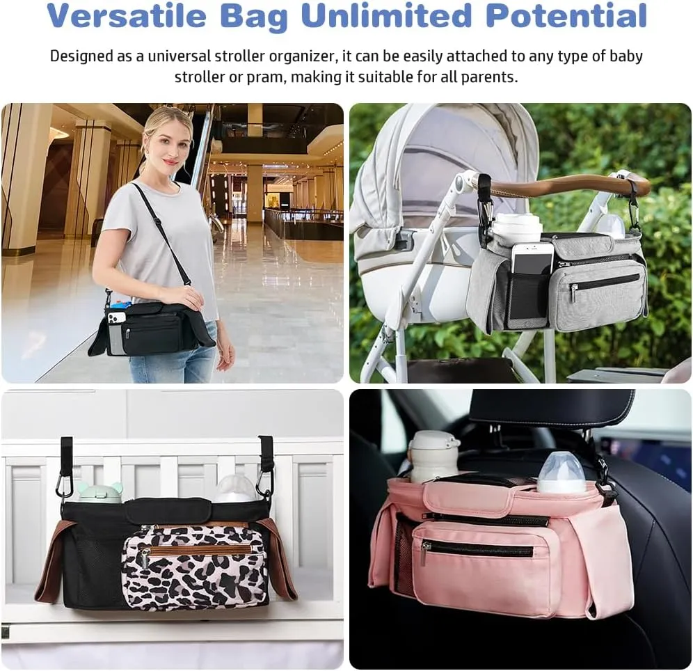Baby Stroller Organizer, Universal Stroller Organizer with Detachable Phone Bag, Stroller Caddy with 2 Insulated Cup Holders, Buggy Organizer Bag with 2 Hooks Fits Most Strollers (Balck)