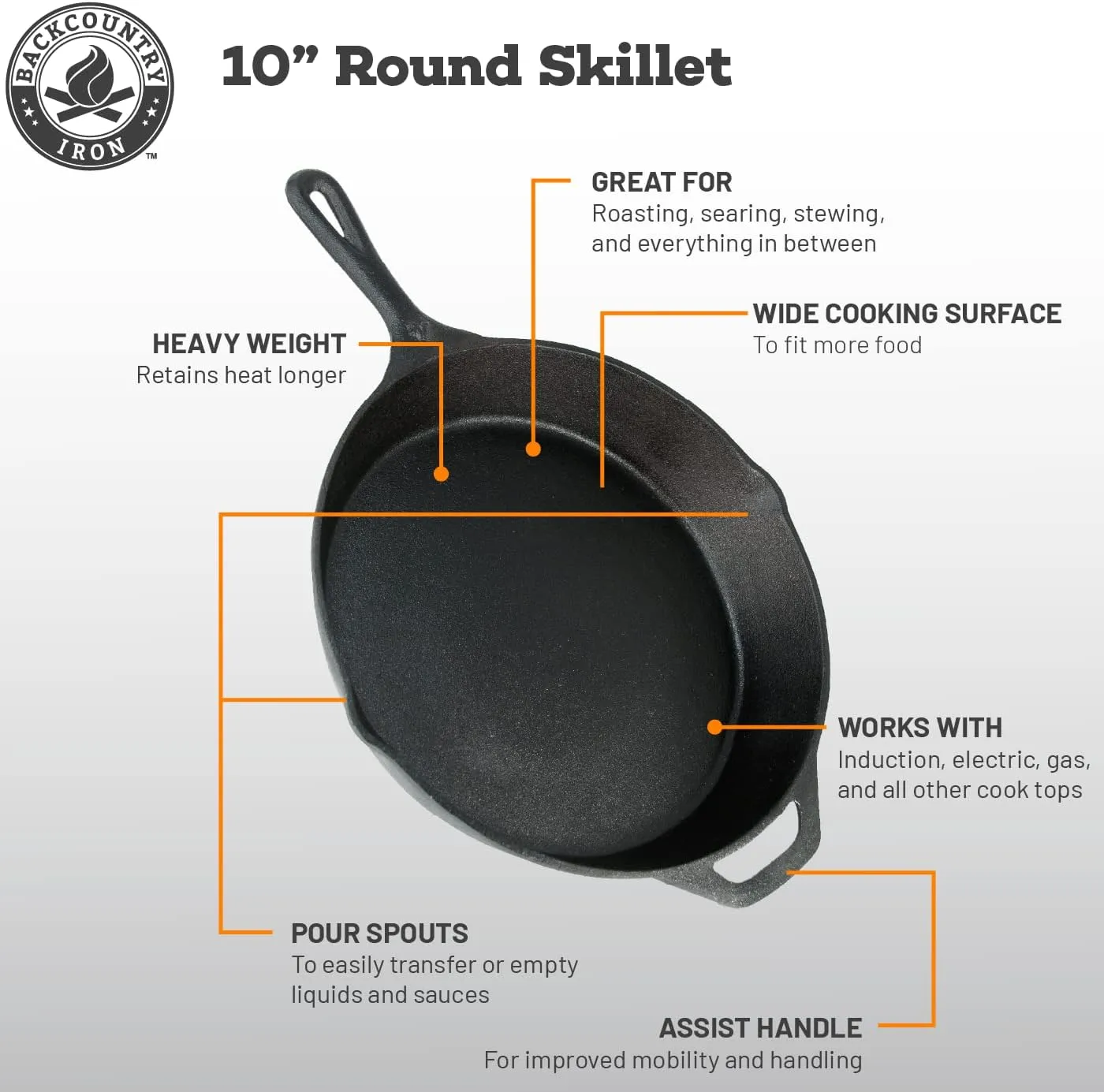 Backcountry Iron 10-1/4 Inch Round Medium Pre-Seasoned Cast Iron Skillet