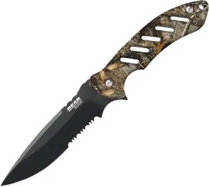 Bear Edge Brisk 1.0 Full Tang Knife, 4-7/8” 440 High Carbon Black Stainless Steel Partial Serrated Blade, Camo Handle with Ballistic Sheath (61515)