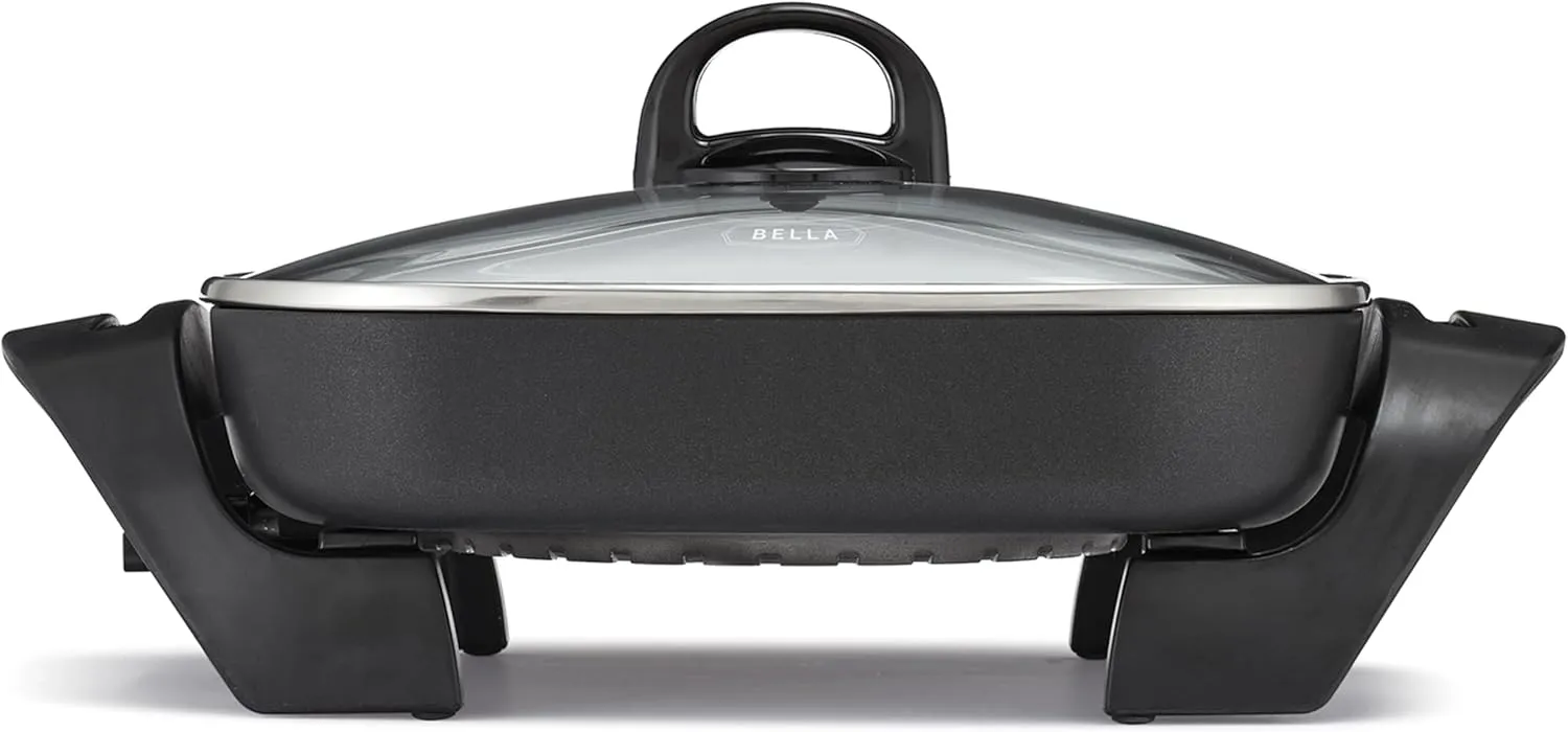 bella Electric Skillet and Frying Pan with Glass Lid, Nonstick Coating, Cool Touch Handles, Removable Heating Probe, Dishwasher Safe, 12 x 12 inch, Black, PFOA & PTFE Free