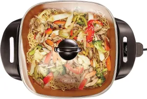 BELLA Electric Skillet and Frying Pan with Glass Lid, Nonstick Coating, Cool Touch Handles, Removable Heating Probe, Dishwasher Safe, 12 x 12 inch, Copper