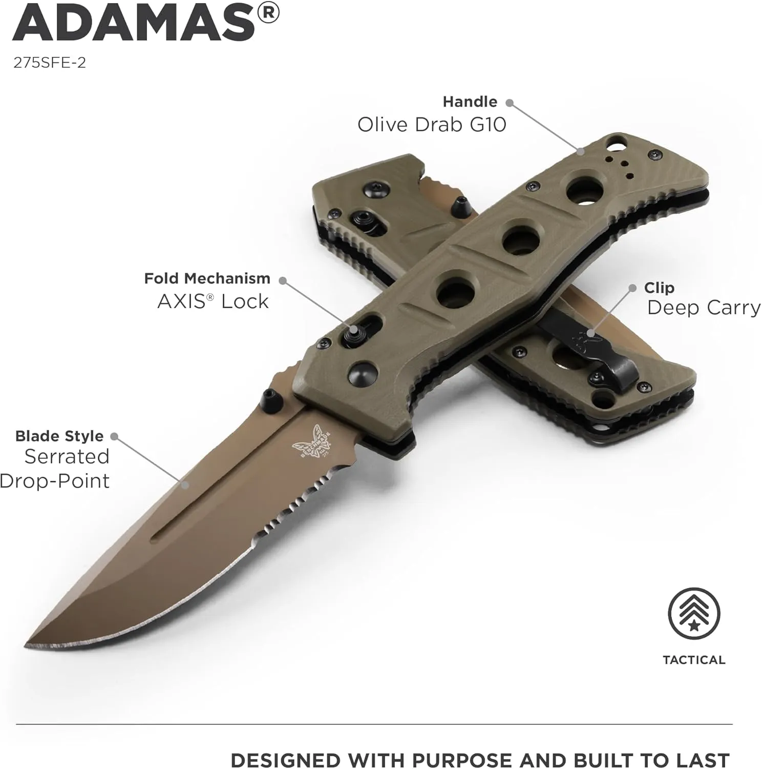 Benchmade - Adamas 275 Tactical Knife with Olive Drab G12 Handle (275SFE-2)