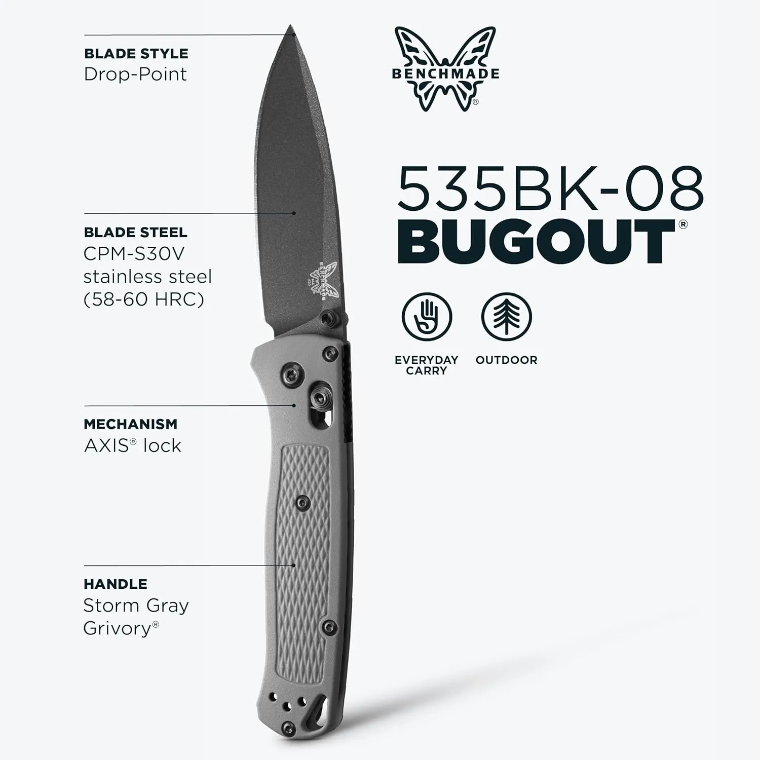 Benchmade - Bugout 535 EDC Knife with Storm Gray Grivory Handle (535BK-08)