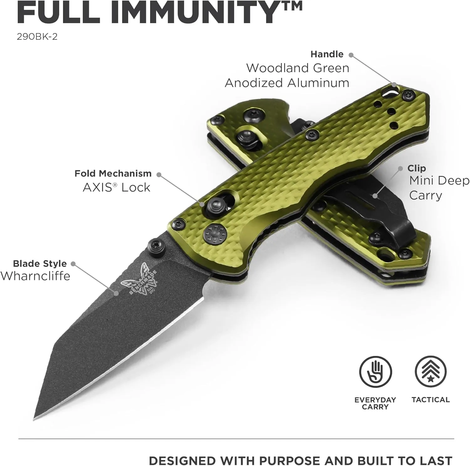 Benchmade - Full Immunity 290 Tactical Knife with Woodland Green Aluminum Handle (290BK-2)