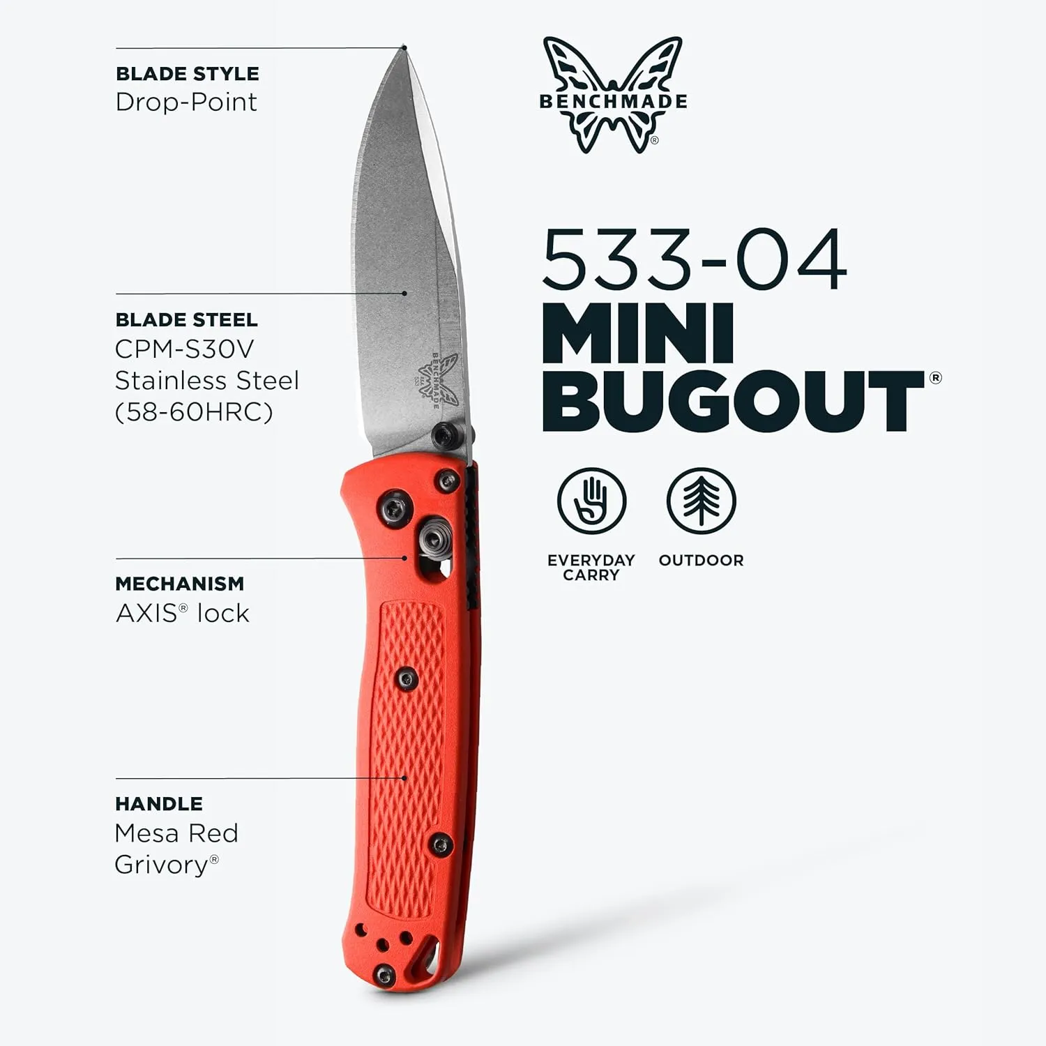 Benchmade - Mini Bugout 533 Folding Knife with Mesa Red Grivory Handle (533-04)