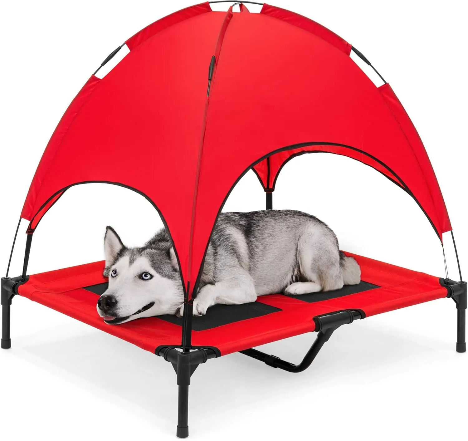 Best Choice Products 36in Elevated Cooling Dog Bed, Outdoor Raised Mesh Pet Cot w/Removable Canopy Shade Tent, Carrying Bag, Breathable Fabric - Red