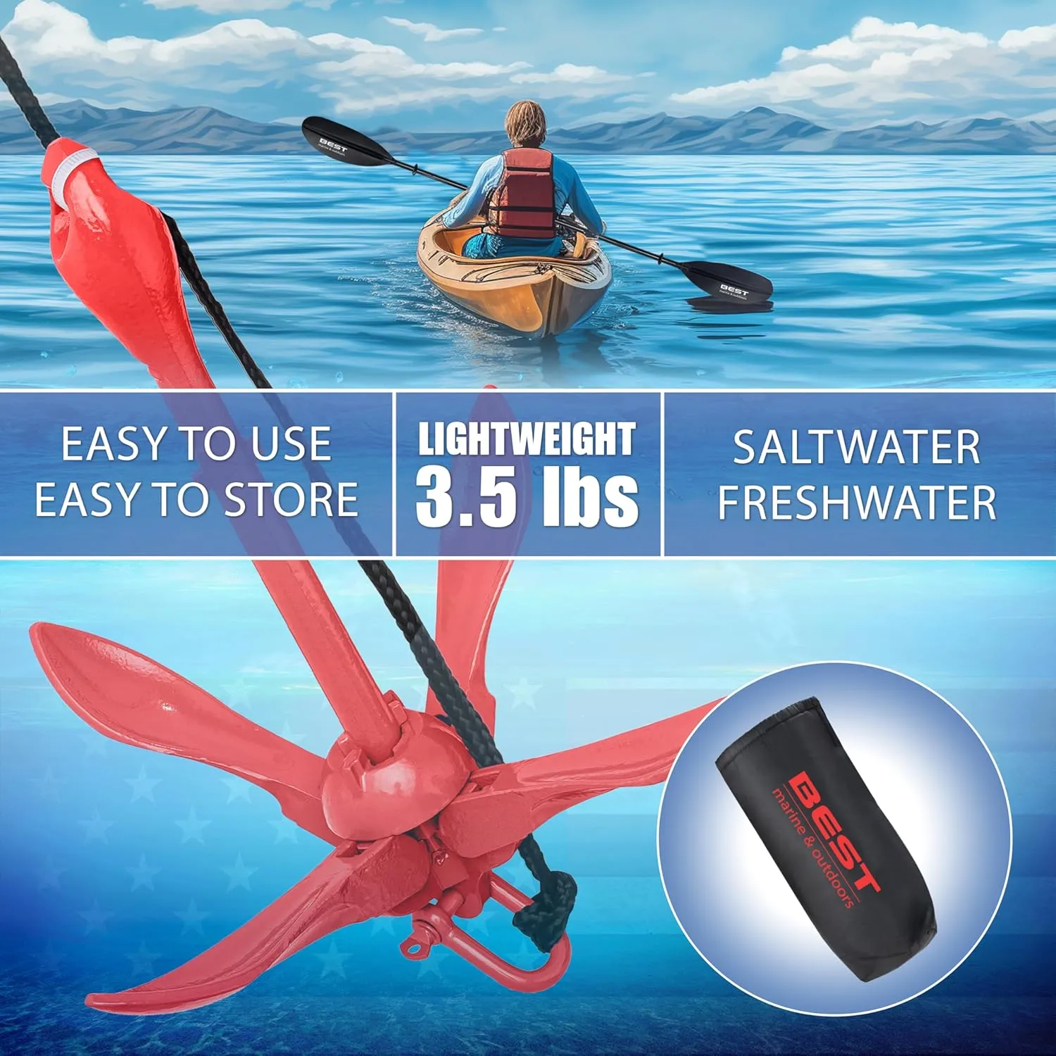 Best Marine and Outdoors Kayak Anchor, 3.5 Pound Anchor System Kit for Kayaks, Canoes, SUP Paddle Boards & Jet Skis, Fishing, Boating & Kayaking Accessories