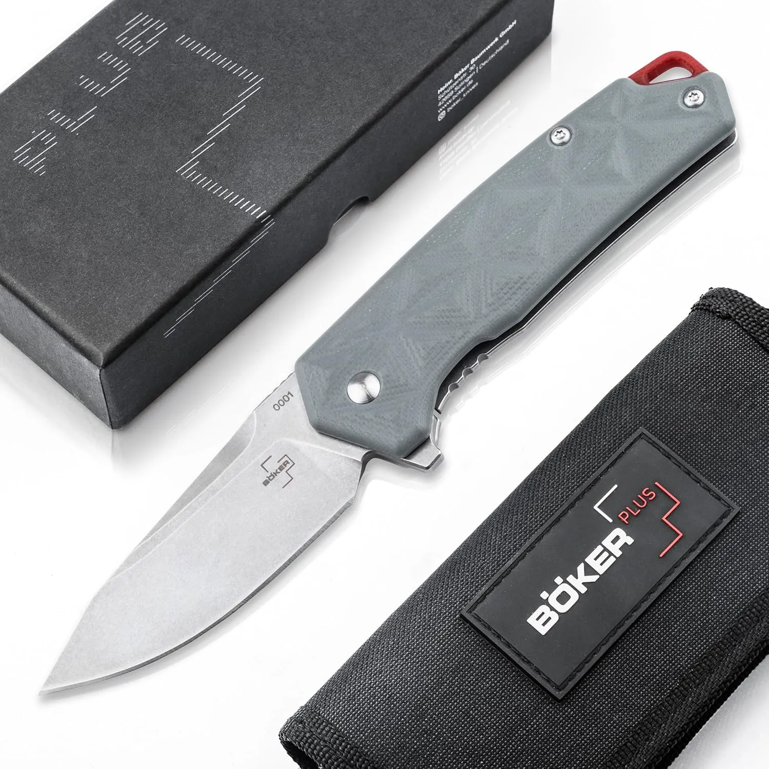 BÖKER PLUS® Gemtek Frame-Lock Knife - noble EDC pocket knife with clip - flipper knife with ball bearing - D2 drop-point folding knife with G10 handle gray with case in gift box