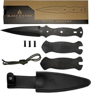 Black Sierra Tactical Dual Edge Knife Building Kit, DIY Fixed Stainless Steel Blade Comes with Leather Sheath, Hobbyist Kit for Survival, Camping, Hunting, Fishing, Knife Making Supplies