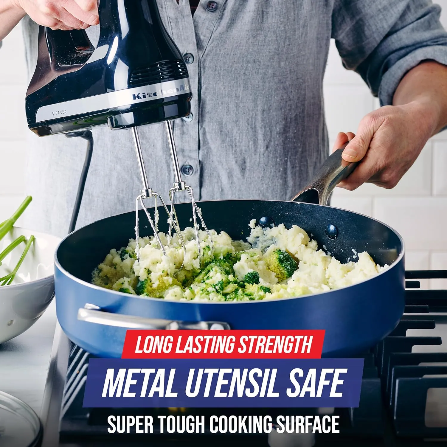 Blue Diamond 5QT Saute Pan Jumbo Cooker Skillet with Helper Handle & Lid, Non Toxic PFAS-Free Diamond Infused Healthy Ceramic Nonstick, Dishwasher & Oven Safe, Metal Utensil Safe, Blue