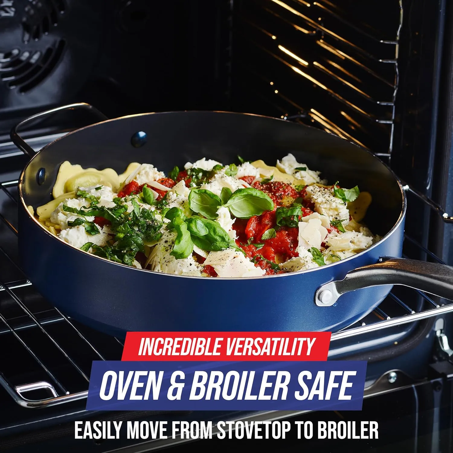 Blue Diamond 5QT Saute Pan Jumbo Cooker Skillet with Helper Handle & Lid, Non Toxic PFAS-Free Diamond Infused Healthy Ceramic Nonstick, Dishwasher & Oven Safe, Metal Utensil Safe, Blue