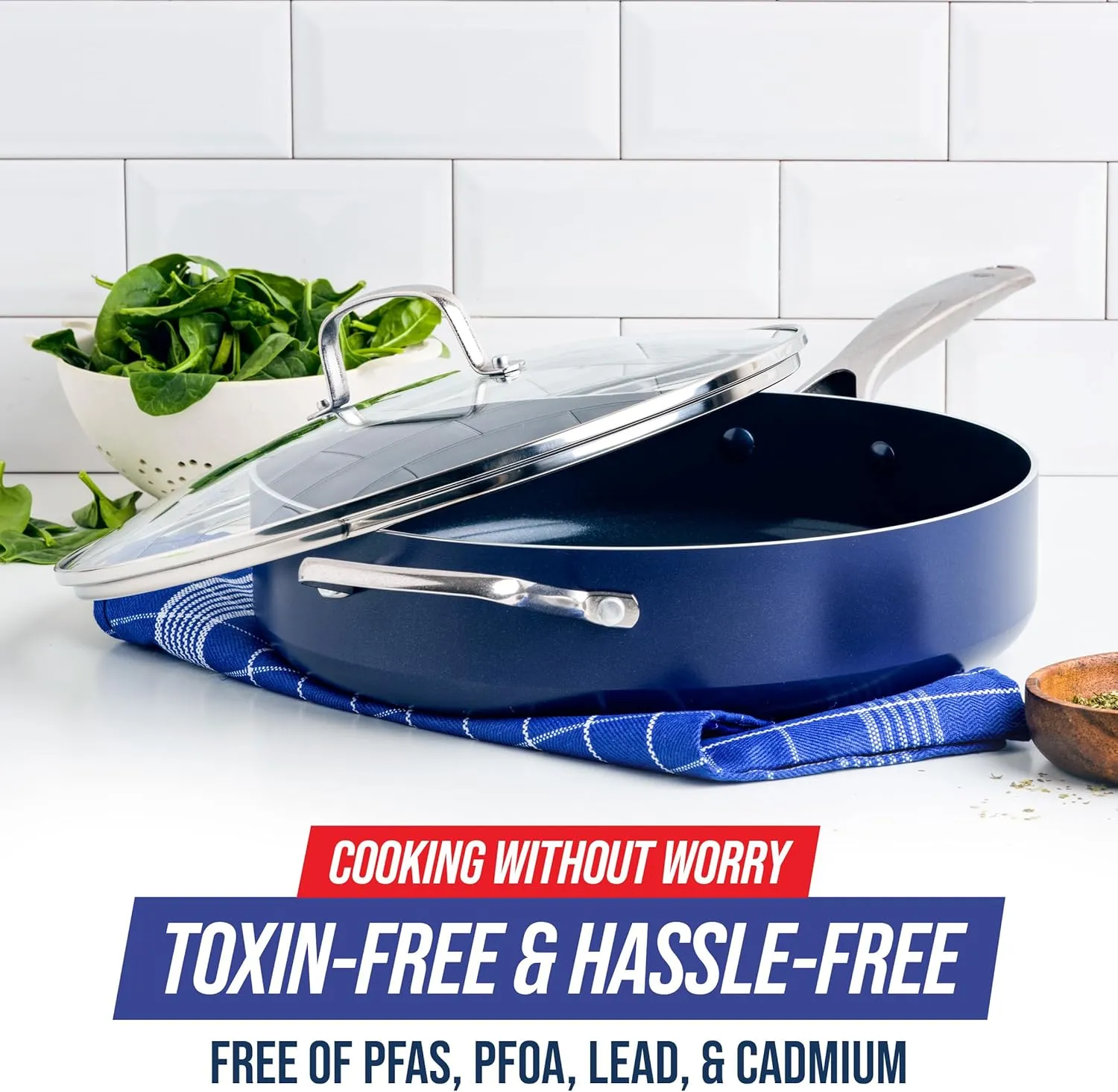 Blue Diamond 5QT Saute Pan Jumbo Cooker Skillet with Helper Handle & Lid, Non Toxic PFAS-Free Diamond Infused Healthy Ceramic Nonstick, Dishwasher & Oven Safe, Metal Utensil Safe, Blue