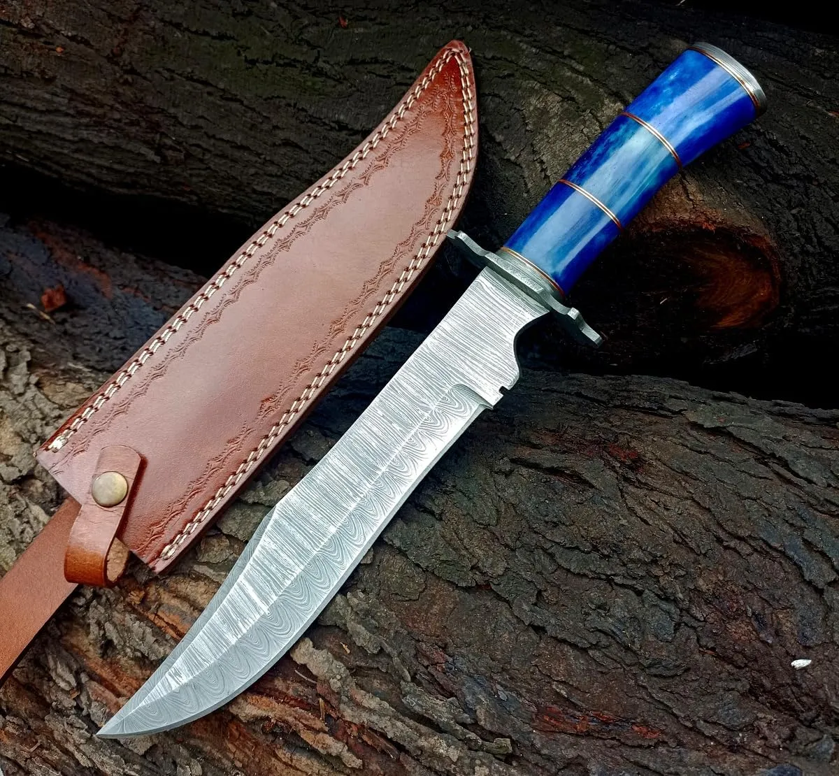 BOWIE KNIFE ! Damascus Steel - 15 Inches' Hunting Knife, Full Tang' Knife With Sheath, Handmade SURVIVAL Defensive Knife, Outdoor's Fixed Blade Hunting Knives' Bone Handle