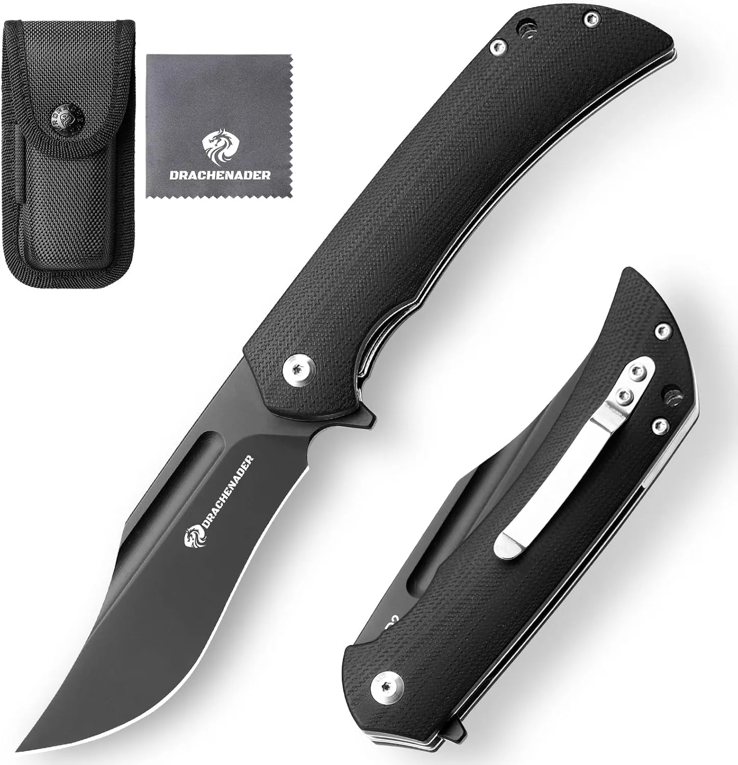 Bowie Pocket Knife for Men with D2 Steel Y-WOLF, 7.67 Inch Tactical Pocket Folding Knife with Clip, Nylon Sheath, G10 Handle, Gifts for Men, Full Black