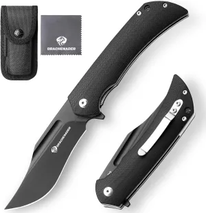 Bowie Pocket Knife for Men with D2 Steel Y-WOLF, 7.67 Inch Tactical Pocket Folding Knife with Clip, Nylon Sheath, G10 Handle, Gifts for Men, Full Black