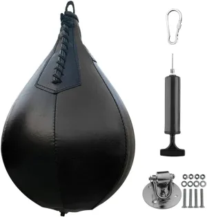 Boxing Speedbag Swivel Set with Black Leather Punching Ball & Pump - Professional MMA Speed Ball Boxing Punching Bag Muay Thai Exercise Equipment Kit
