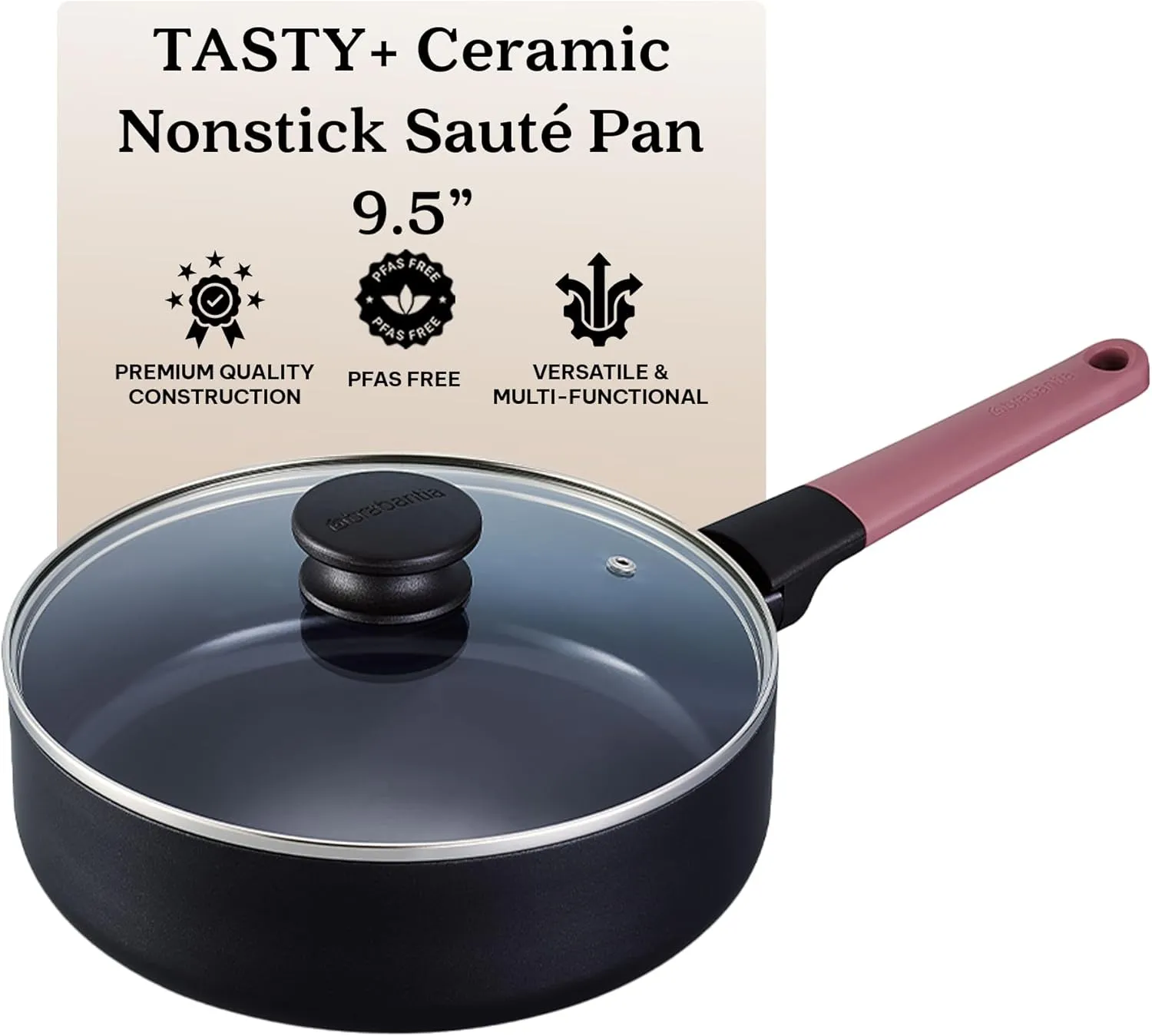 Brabantia Tasty  9.5" Sauté Pan with Lid, Nonstick Ceramic Coating, PFAS PFOA PTFE Free, 2.5 Qt. Deep Skillet for Healthy Cooking, Even Heating, Easy Clean with Stay-Cool Handle for All Stovetop Safe