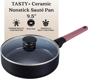 Brabantia Tasty  9.5" Sauté Pan with Lid, Nonstick Ceramic Coating, PFAS PFOA PTFE Free, 2.5 Qt. Deep Skillet for Healthy Cooking, Even Heating, Easy Clean with Stay-Cool Handle for All Stovetop Safe