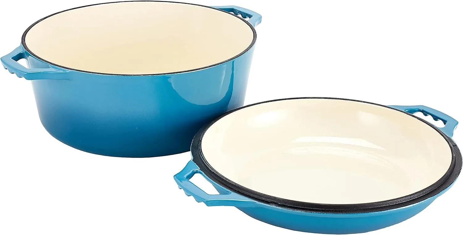 Bruntmor 2-in-1 Enamel Cast Iron Dutch Oven With Handles - Crock Pot Blue Cast Iron pot with Skillet lid - All-in-One Cookware Braising Pan for Casserole Dish - 7 Quart, Blue
