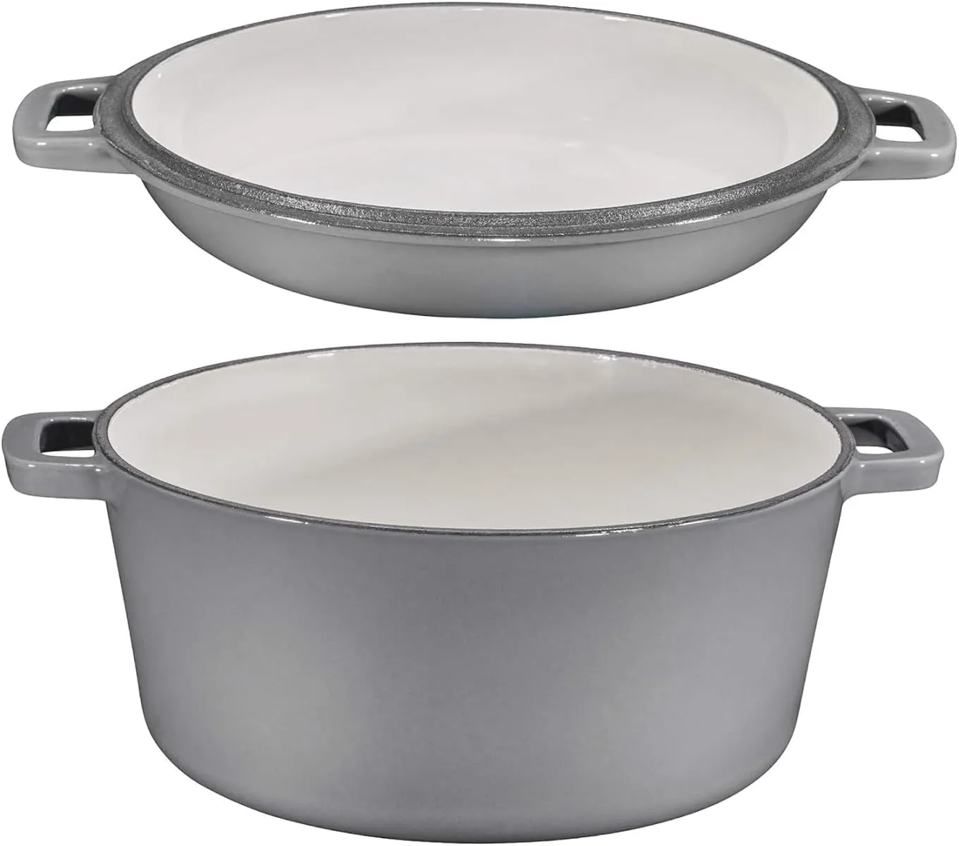 Bruntmor 2-in-1 Enamel Cast Iron Dutch Oven With Handles - Crock Pot Grey Cast Iron pot with Skillet lid - All-in-One Cookware Braising Pan for Casserole Dish - 5 Quart, Grey