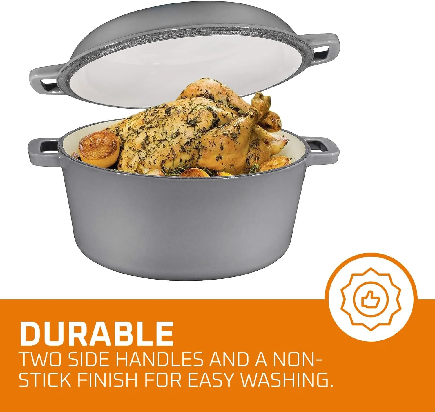 Bruntmor 2-in-1 Enamel Cast Iron Dutch Oven With Handles - Crock Pot Grey Cast Iron pot with Skillet lid - All-in-One Cookware Braising Pan for Casserole Dish - 5 Quart, Grey