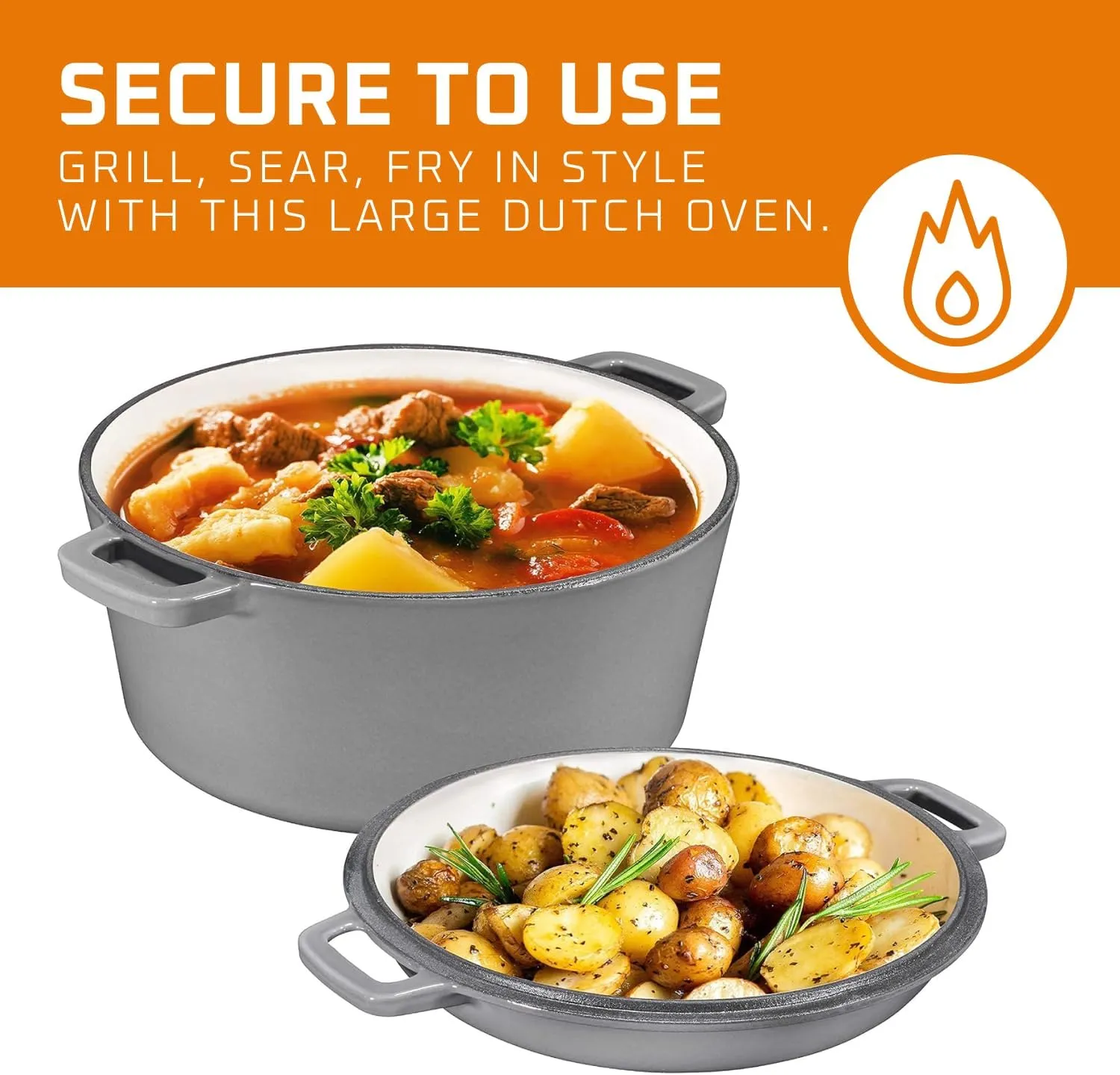 Bruntmor 2-in-1 Enamel Cast Iron Dutch Oven With Handles - Crock Pot Grey Cast Iron pot with Skillet lid - All-in-One Cookware Braising Pan for Casserole Dish - 5 Quart, Grey
