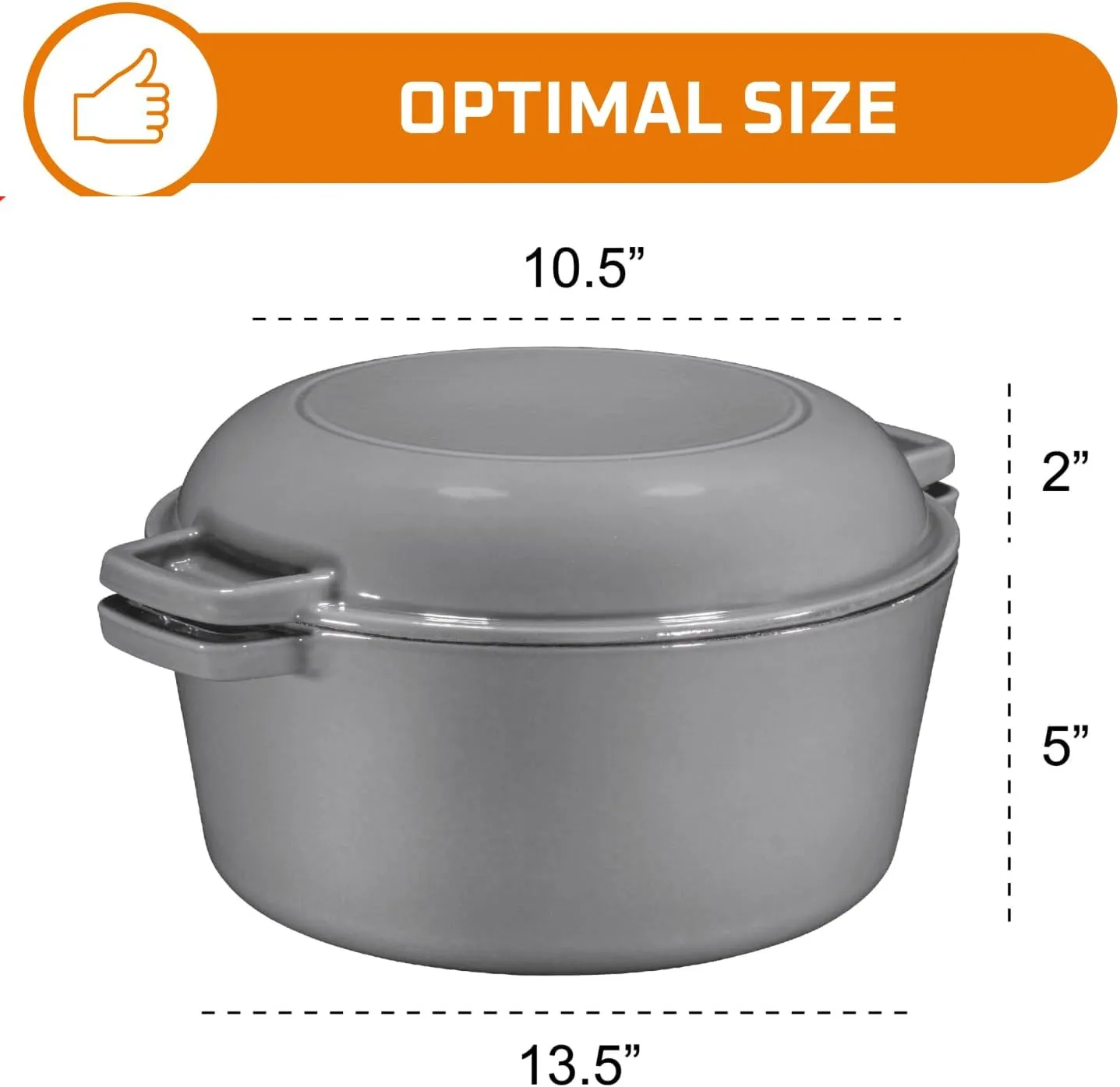 Bruntmor 2-in-1 Enamel Cast Iron Dutch Oven With Handles - Crock Pot Grey Cast Iron pot with Skillet lid - All-in-One Cookware Braising Pan for Casserole Dish - 5 Quart, Grey
