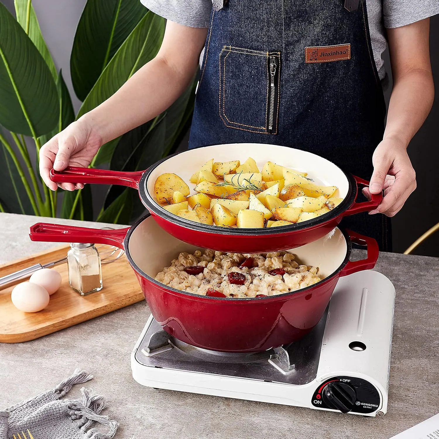Bruntmor 2 in 1 Enameled cast iron pot with lid, 5QT Cast Iron Dutch Oven & Skillet Combo, Enameled Cast Iron Cookware with Lid, Perfect for Braising, Casseroles and Slow Cooking - Red