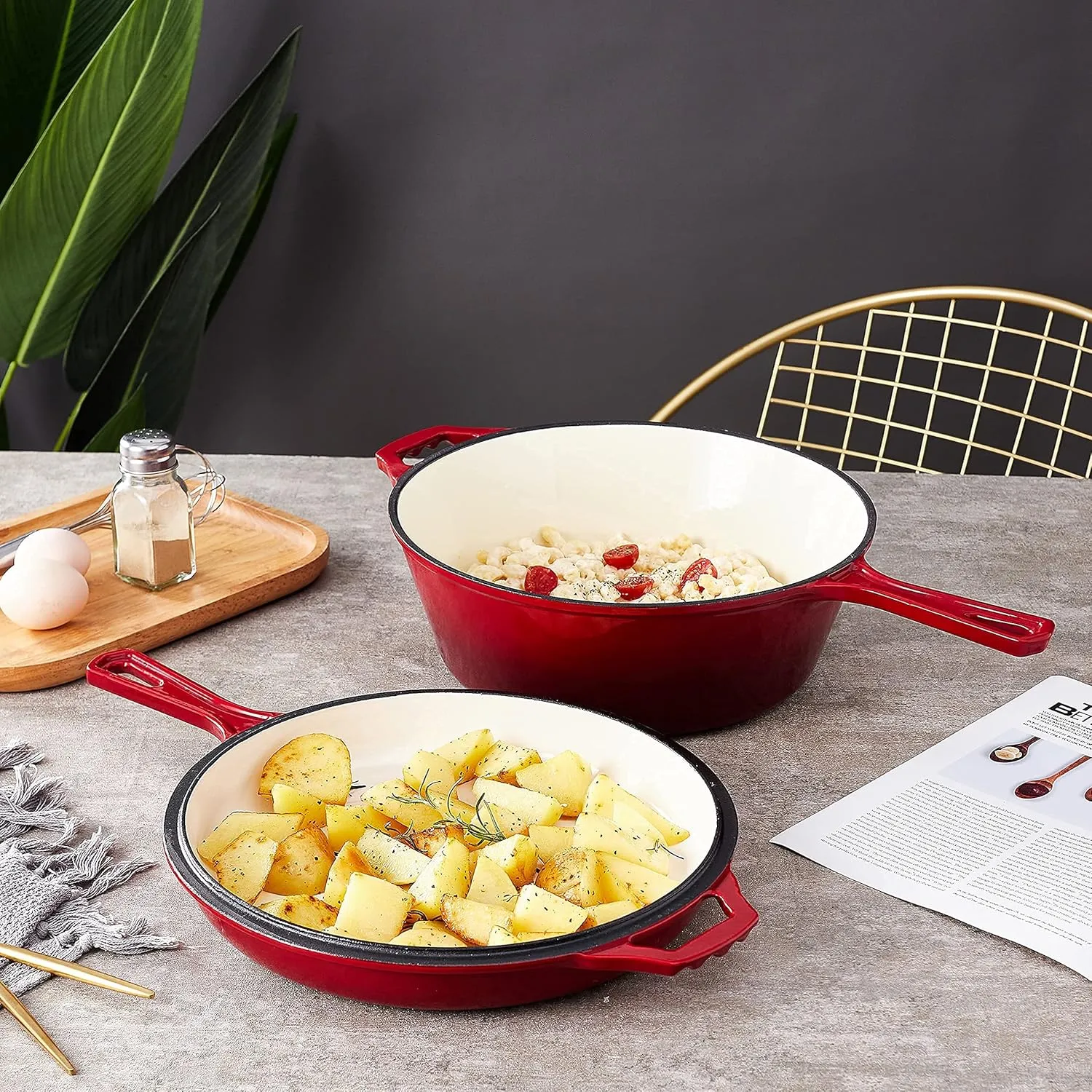 Bruntmor 2 in 1 Enameled cast iron pot with lid, 5QT Cast Iron Dutch Oven & Skillet Combo, Enameled Cast Iron Cookware with Lid, Perfect for Braising, Casseroles and Slow Cooking - Red