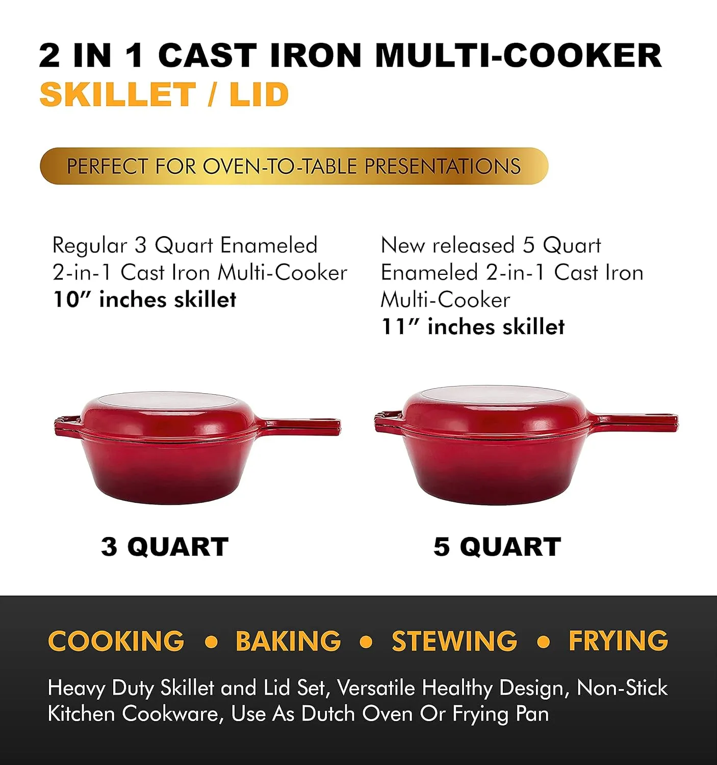 Bruntmor 2 in 1 Enameled cast iron pot with lid, 5QT Cast Iron Dutch Oven & Skillet Combo, Enameled Cast Iron Cookware with Lid, Perfect for Braising, Casseroles and Slow Cooking - Red