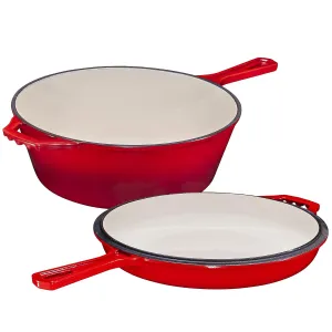 Bruntmor 2 in 1 Enameled cast iron pot with lid, 5QT Cast Iron Dutch Oven & Skillet Combo, Enameled Cast Iron Cookware with Lid, Perfect for Braising, Casseroles and Slow Cooking - Red
