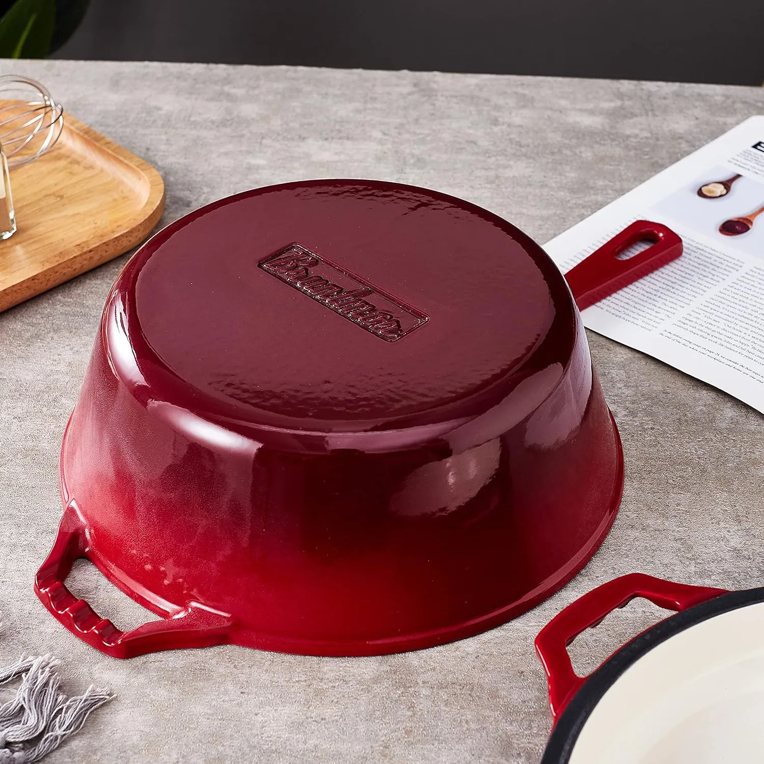 Bruntmor 2 in 1 Enameled cast iron pot with lid, 5QT Cast Iron Dutch Oven & Skillet Combo, Enameled Cast Iron Cookware with Lid, Perfect for Braising, Casseroles and Slow Cooking - Red