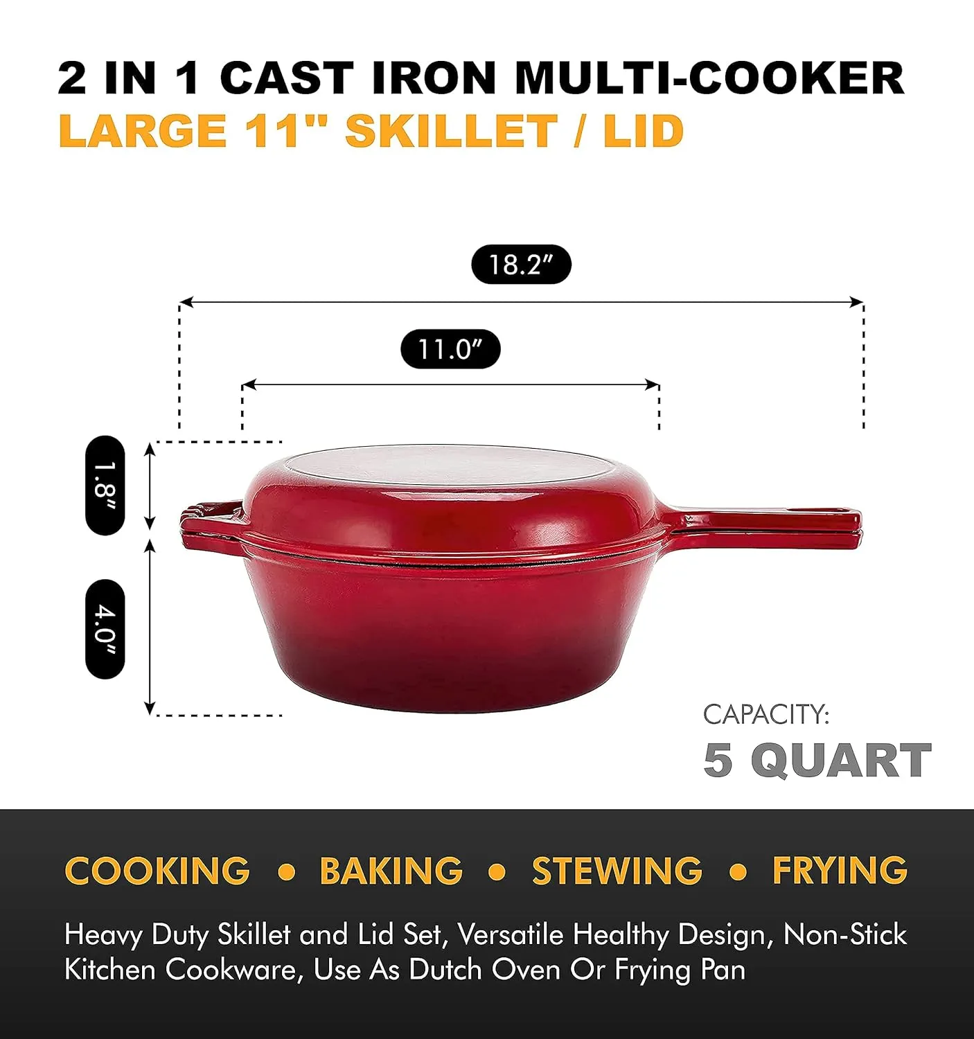 Bruntmor 2 in 1 Enameled cast iron pot with lid, 5QT Cast Iron Dutch Oven & Skillet Combo, Enameled Cast Iron Cookware with Lid, Perfect for Braising, Casseroles and Slow Cooking - Red