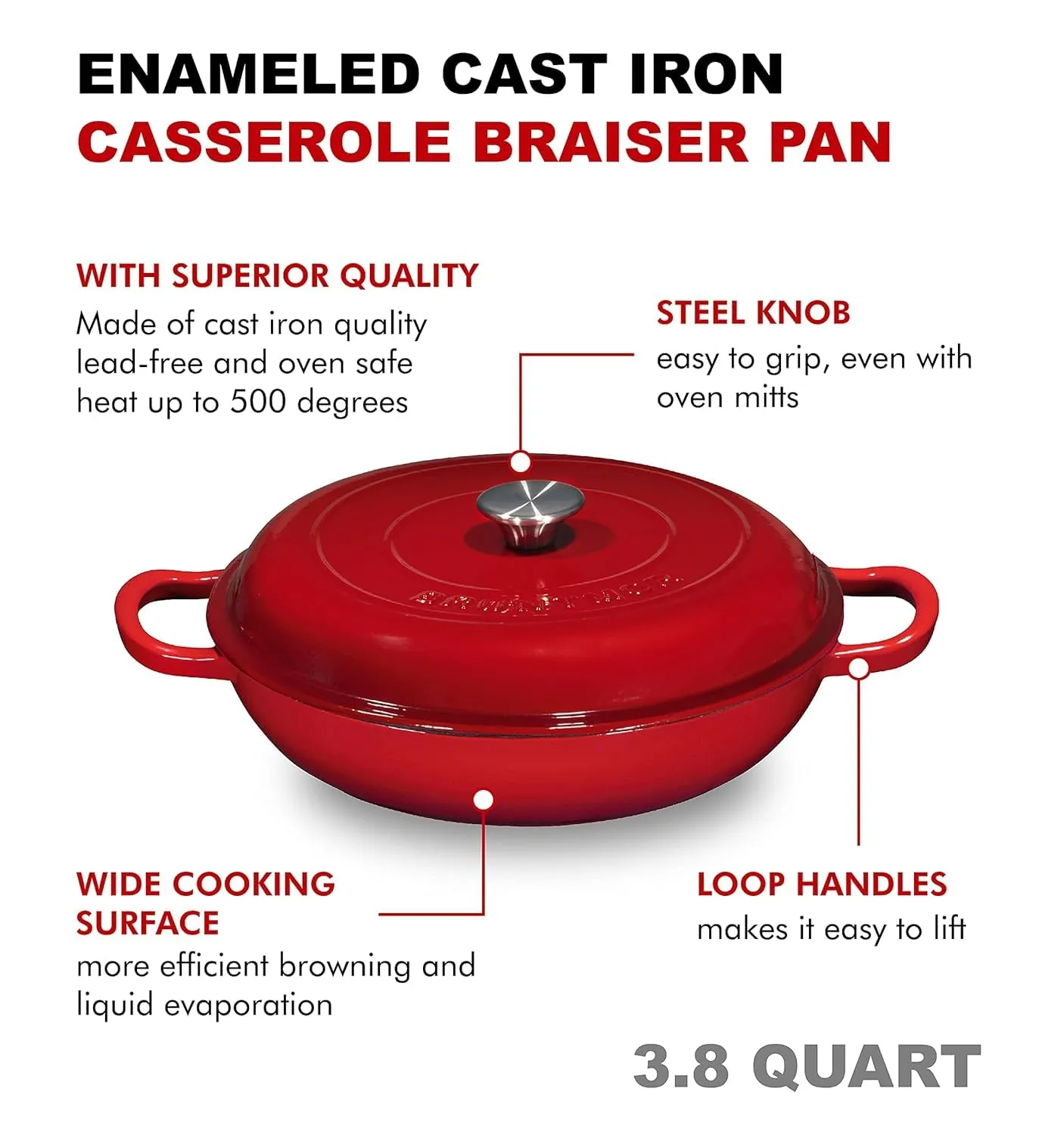 Bruntmor 3.8 Quart Enamel Cast Iron Dutch Oven - Crock Pot with Loop Handles and Lid - Versatile Cast Iron Skillet with Cover - Shallow Cookware Braising Pan for Casserole Dish - Gradient Red