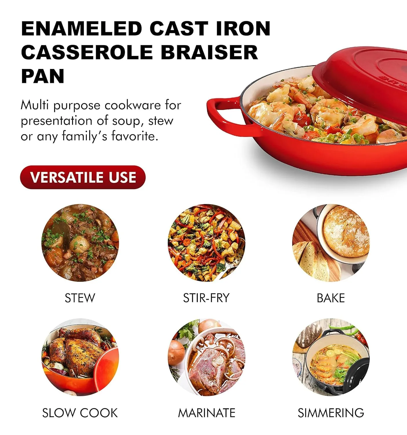Bruntmor 3.8 Quart Enamel Cast Iron Dutch Oven - Crock Pot with Loop Handles and Lid - Versatile Cast Iron Skillet with Cover - Shallow Cookware Braising Pan for Casserole Dish - Gradient Red