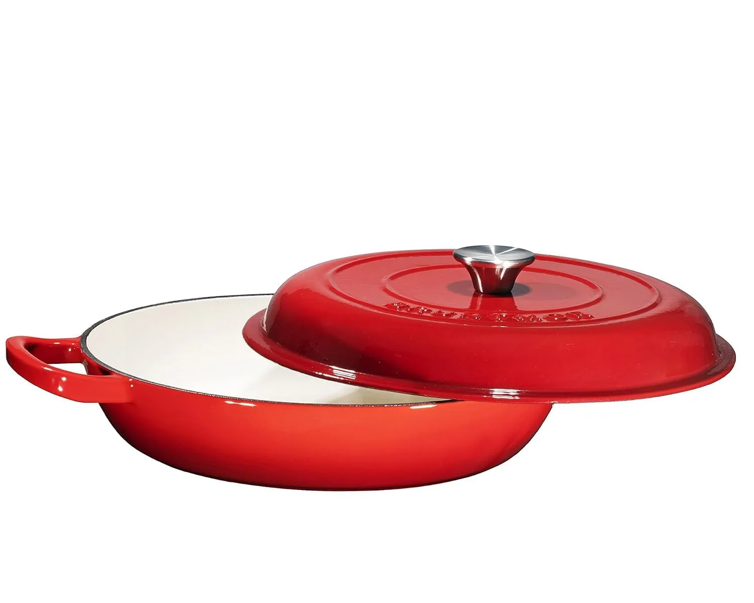Bruntmor 3.8 Quart Enamel Cast Iron Dutch Oven - Crock Pot with Loop Handles and Lid - Versatile Cast Iron Skillet with Cover - Shallow Cookware Braising Pan for Casserole Dish - Gradient Red