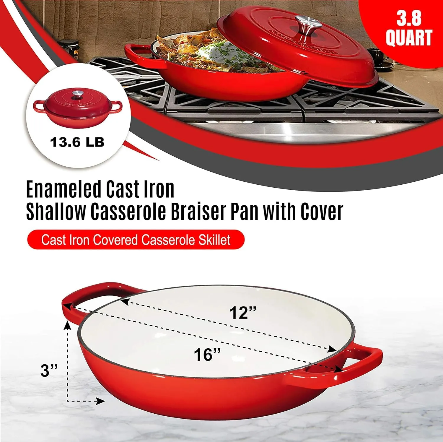 Bruntmor 3.8 Quart Enamel Cast Iron Dutch Oven - Crock Pot with Loop Handles and Lid - Versatile Cast Iron Skillet with Cover - Shallow Cookware Braising Pan for Casserole Dish - Gradient Red