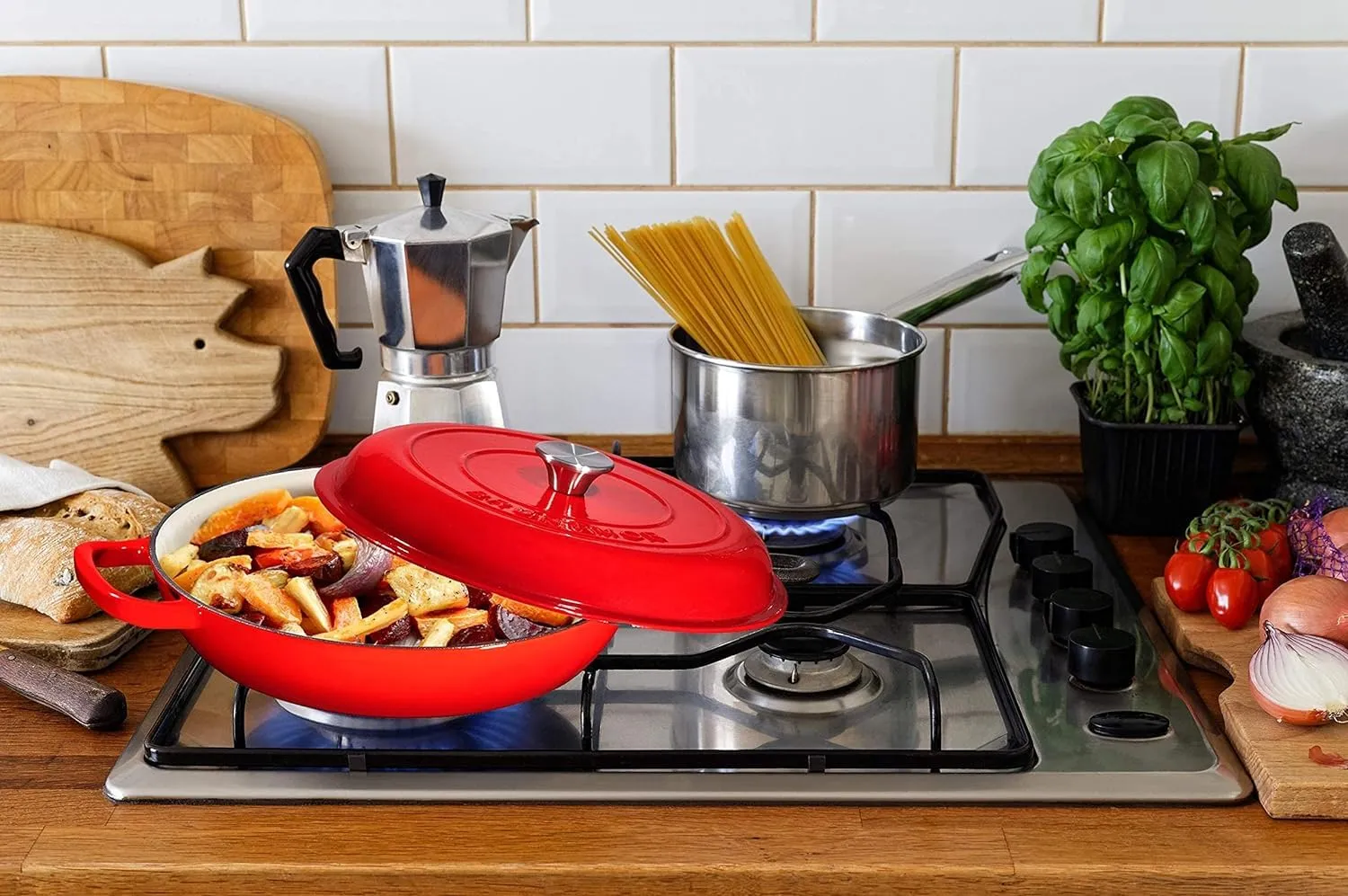Bruntmor 3.8 Quart Enamel Cast Iron Dutch Oven - Crock Pot with Loop Handles and Lid - Versatile Cast Iron Skillet with Cover - Shallow Cookware Braising Pan for Casserole Dish - Gradient Red